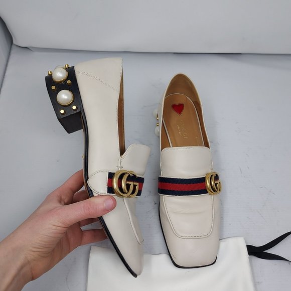 Gucci Shoes - GUCCI WHITE GG PEYTON MID-HEEL PEARL LEATHER LOAFER